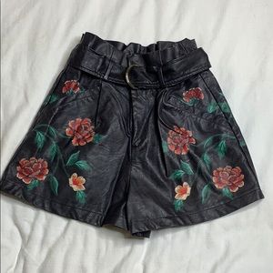 VICI Floral Leather Highwaist Paper Bag Shorts